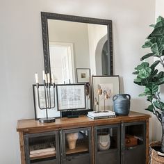 a living room with a large mirror on the wall next to a plant and other items