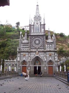 a large church with many birds flying around the front door and on the side of it