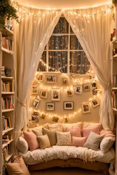 a living room filled with lots of furniture and bookshelves covered in fairy lights