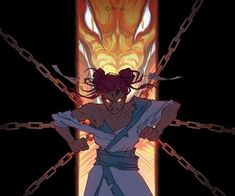 an anime character standing in front of a fire with chains on it's sides