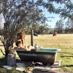 two people sitting in an old bathtub with horses grazing on the pasture behind them