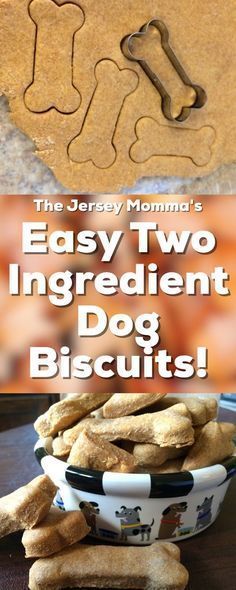 a bowl full of dog biscuits with the words easy two ingredient dog biscuits