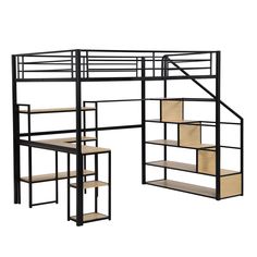 a black metal and wood bunk bed with stairs on the bottom, and shelves below