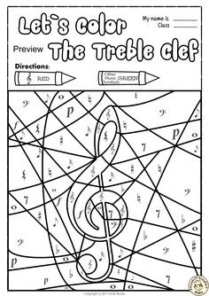 a coloring page with the words let's color the treble clef on it