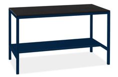 a blue table with a shelf underneath it