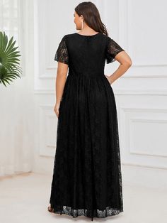 Simple Plus Size Long Evening Dress With Lace Sleeves - Ever-Pretty US Formal Lace Maxi Dress With Short Sleeves, Short Sleeve Lace Maxi Dress For Prom, Black Lace Short Sleeve Maxi Dress, Black Lace Maxi Dress With Short Sleeves, Floor Length Lace Dress, Evening Dress With Sleeves, Plus Size Evening Gown, Sparkle Shorts, Evening Dresses With Sleeves