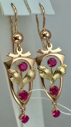 USSR Vintage Original Rose & Yellow Gold Ruby (lab. created) Earrings 583 14K | eBay Russian Gold Jewelry, Rose Gold Art Nouveau Jewelry For Gift, Art Nouveau Rose Gold Jewelry As A Gift, Art Nouveau Rose Gold Jewelry For Gift, Art Nouveau Rose Gold Jewelry As Gift, Art Nouveau Rose Gold Jewelry Gift, Art Deco Hallmarked Earrings As Gift, Victorian Rose Gold Earrings For Gift, Victorian Style Rose Gold Earrings For Gift