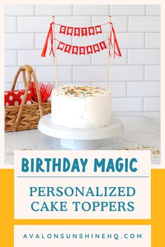 birthday magic personalized cake toppers on a white cake with red and yellow flags