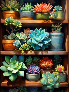 three shelves filled with different types of succulents and potted plants on top of each other