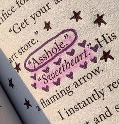 an open book with writing on it and stars around the page, in pink ink