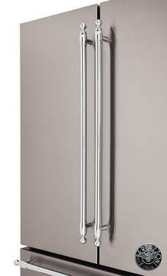 a stainless steel refrigerator with two doors and handles