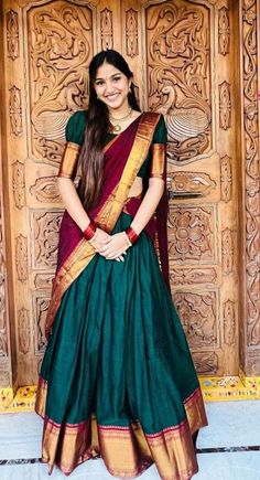 Narayanpet Sarees Blouses, Green And Maroon Half Saree, Blouse Designs For Langa Voni, Naryanapattu Sarees, Blouse Designs For Narayanpet Half Sarees, Red And Green Half Saree Pattu, Green Dhavani Set, South Style Lehenga, Narayani Pattu Half Sarees