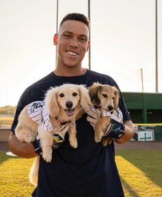 a man holding three dogs in his arms on the field at a baseball game,