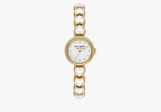 Monroe Heart Pearl Bracelet Watch | KATE SPADE Cute Gold Watch, Thrifting Jewelry, Heart Pearl Bracelet, Jewellery Watch, Anastasia Grey, Pearl Watch, Vintage Gold Bracelet, Kate Spade Watch, Heart Watch