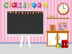 a classroom with a blackboard and pink striped wallpaper in the background, there is a toy chest on the floor next to it