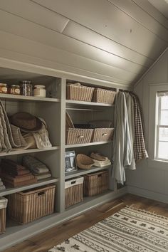 a room filled with lots of shelves and baskets