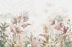 an artistic floral wallpaper with pink and green flowers, leaves and butterflies on a white background