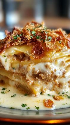 a plate topped with lasagna covered in cheese and meat sauce, garnished with parmesan