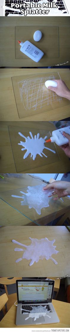 there are three different pictures with white paint on the table and one is using a laptop