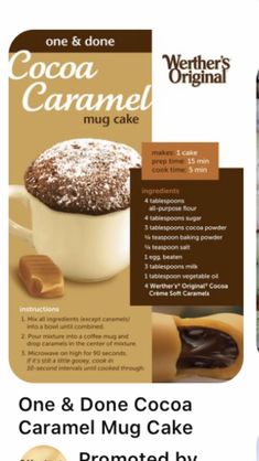 an advertisement for cocoa caramel mug cake