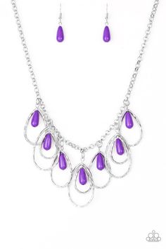 Delicately hammered in glistening textures, shimmery silver teardrops swing from the bottom of a silver chain. Playful purple beads swing from the tops of the shiny teardrop frames, creating a whimsical fringe below the collar. Features an adjustable clasp closure. Sold as one individual necklace. Includes one pair of matching earrings. Purple Beads, Purple Necklace, Free Earrings, Teardrop Beads, Jewelry Images, Paparazzi Accessories, Teardrop Necklace, Inspired Jewelry, Paparazzi Jewelry