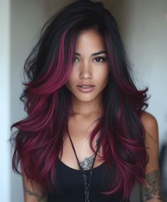 Top 51 Fall Hair Colors for Dark Hair: Bold & Beautiful Ideas Half Burgundy Half Black Hair, Bayalage Hair Color Ideas, Unique Hair Color Ideas For Black Hair, Smokey Hair Color, Red Halo Hair, Black And Burgundy Hair, Fuschia Hair, Hair Colors For Dark Hair, Dark Copper Hair