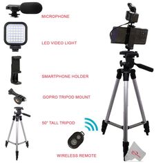 a tripod with lights and remote controls on it, including a cell phone holder