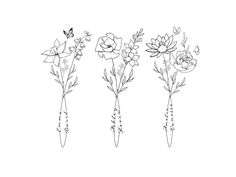 four flowers are shown in black and white, one is drawn with ink on paper