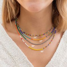 Colorful Seed Bead Necklace | Dee Ruel Jewelry Sead Bead Necklace, Simple Beaded Necklaces, Necklace With Name, Petite Jewelry, Layered Beaded Necklaces, Beaded Necklace Diy, Handmade Jewelry Tutorials, Necklace Craft, Seed Bead Necklace