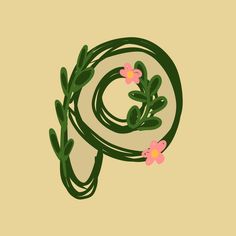 the letter g is made up of green leaves and pink flowers on a beige background