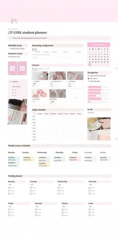 a pink and white website design with the words it girl student planner on top of it