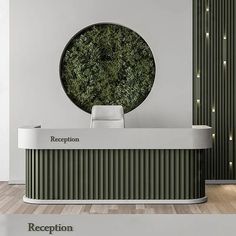 the reception counter is decorated with green plants