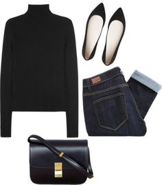 Simply chic - indigo jeans and a turtleneck. paired with flat pointed toe shoes and a cross body bag...x Casual Chique Stijl, Minimalist Moda, Black Turtleneck Sweater, Chic Fall Outfits, Mode Casual, Minimal Chic, Black Turtleneck, Jeans Outfit