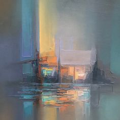 an abstract painting of buildings and water