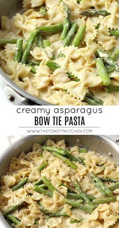 creamy asparagus bow tie pasta in a skillet and then topped with parmesan cheese