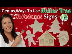 a woman is holding a christmas sign and pointing to it with the words genius ways to use dollar tree for christmas signs