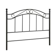 a black metal headboard with two posts and an arched design on the top, against a white background