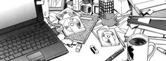 a black and white photo of an open laptop computer surrounded by office supplies, including pens, paper clips, pencils and scissors