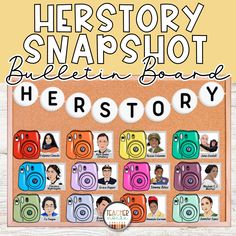 a poster with the words history snapshots and photos on it, in different colors