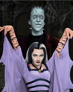 a woman dressed as dracula and a man in a costume with bats on their arms