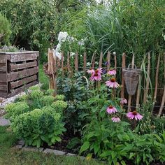 a garden filled with lots of different types of flowers and plants next to a wooden fence