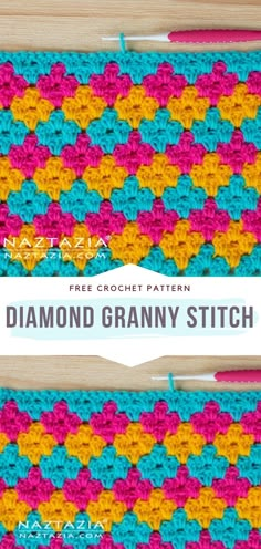 two crocheted grannys with the text free crochet pattern diamond granny stitch