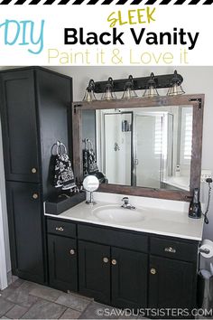 a bathroom with black vanity and white sink