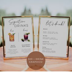 two drinks menus sitting on top of a wooden table next to eachother