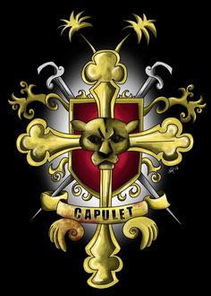 a cross with two swords on it and the word capital written in gold, surrounded by ornate