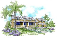 this is an artist's rendering of the front elevation of these tropical house plans