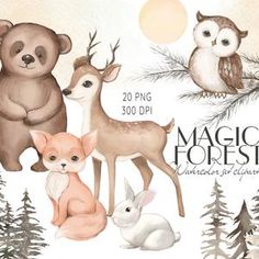 watercolor animals and trees with the words magic forest