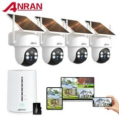 four cameras and one cell phone are shown with the camera attached to it, along with an array of home security cameras