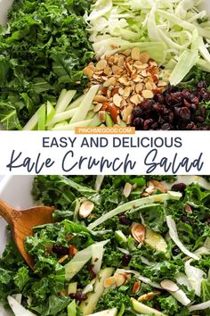 kale salad with cranberries and almonds in a white bowl on the side