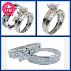 His & Hers 3 Piece Princess Cz Wedding Band Ring Set Sterling Silver & Titanium  #edwinearls Cubic Zirconia Bridal Set With Princess Cut, Cubic Zirconia Bridal Set With Princess Cut Center Stone, Princess Cut Bridal Set With Prong Setting For Promise, Princess Cut Cubic Zirconia Bridal Set With Center Stone, Cubic Zirconia Bridal Sets For Promise Ring, Princess Cut, Cubic Zirconia Bridal Sets - Princess Cut Promise Ring, White Gold Cubic Zirconia Bridal Sets In Princess Cut, Princess Cut Bridal Set With Center Stone, Cubic Zirconia Bridal Set For Anniversary, Princess Cut